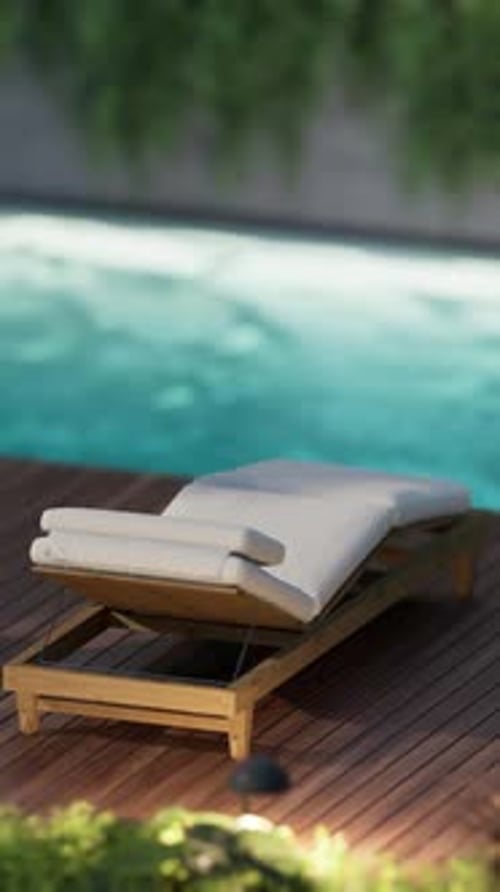 Exterior design details, close-up shot, two sun loungers by the pool.