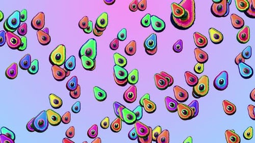 Zeichentrickfilm mit herabfallenden Avocados. Zeitlupe einer fallenden Cartoon-2D-Avocado. Konzept zum Herabfallen von Früchten
