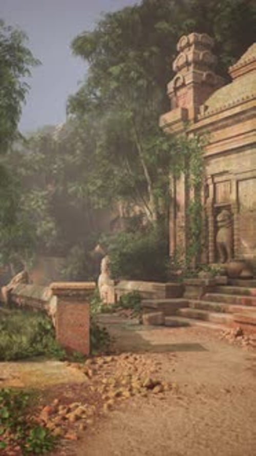 Pintura de jardín con escalones y árboles