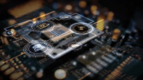 Futuristic Digital Interface Overlay on Circuit Board Animation