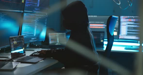 Computer, hacking and person with coding at night in control center for ...