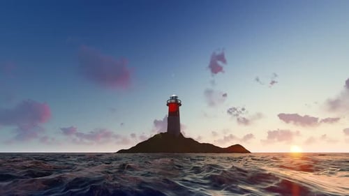 Dynamic Lighthouse Animation with Ocean Waves, Sunset, and Moonlight