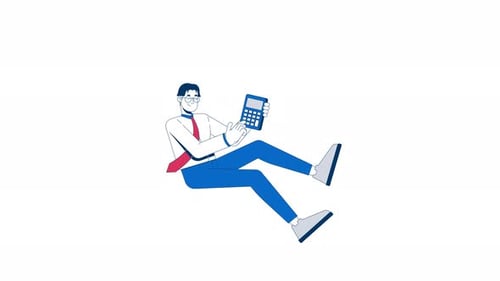 Floating asian male accountant with calculator 2D character animation