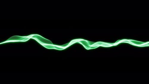 Ondas digitales verdes abstractas con iluminación brillante que se mueven sobre fondo oscuro