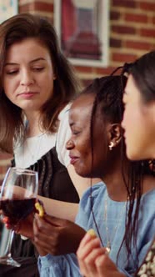 Vertical Video Close Up on Friends Laughing Drinking Alcohol Beverages and Eating Crackers in Cozy
