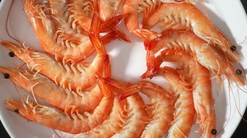 A frozen Shrimp with shell in video footage. 4K.