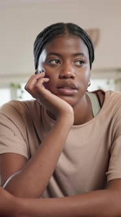 Disappointed, student and woman in home, thinking and unhappy with bad grades, sad or mental health
