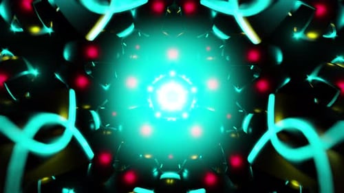 Cyan Kaleidoscope Mandala VJ Loop with Glowing Rings and Metallic Reflections