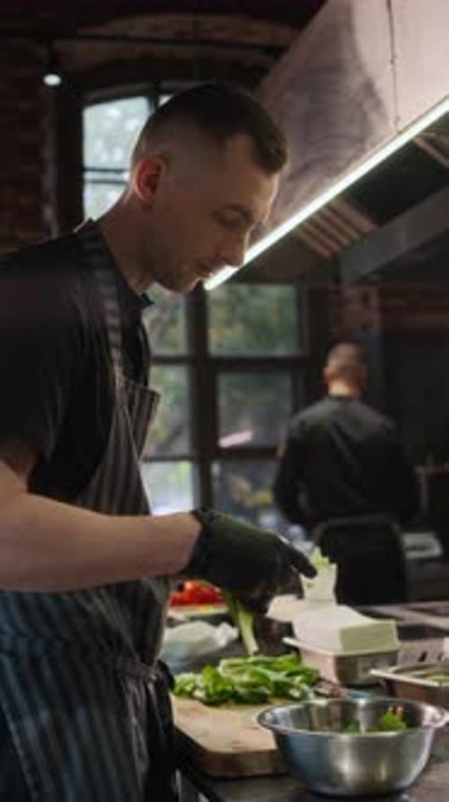 Chef Making Green Salad Working in Kitchen