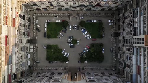Drone over an old square building
