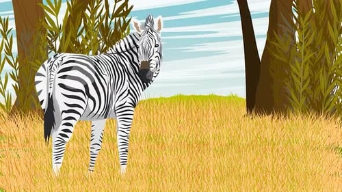 Zebra steht in der Goldenen Savanne - Afrikanische Tierwelt - Zeichentricktiere - Safari - Wald