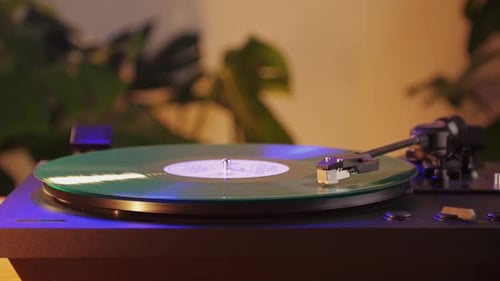 Record Player Spinning a Vinyl Record Indoors