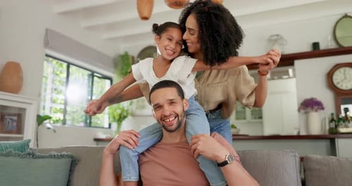 Happy, plane and relax family on sofa for playful, bonding and lounge together