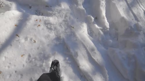 Top View of Man Legs Stepping on Deep Snow Illuminating Sunlight Unrecognizable Hiker Walking