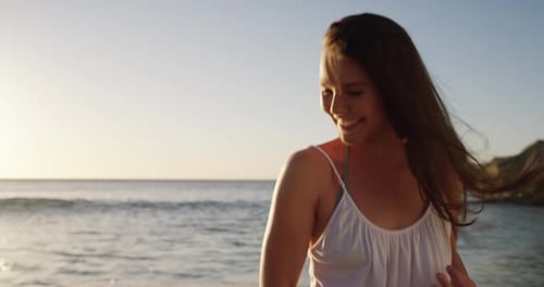 Beach, walking and young woman on adventure, vacation or weekend trip for tropical summer