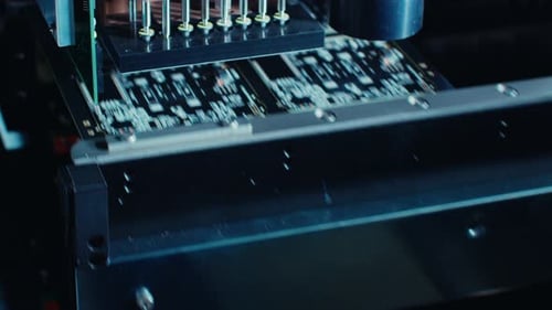 Factory Machine at Work: Printed Circuit Board Being Assembled with Automated Robotic Arm, Surface