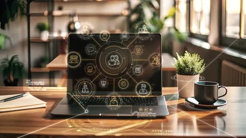 Laptop Showing Hologram of Social Network in Modern Office