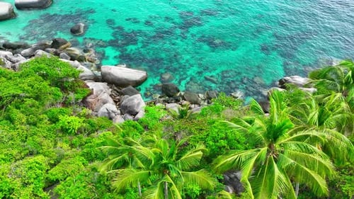 Rocky coastline with green forests and unique blue turquoise sea water.