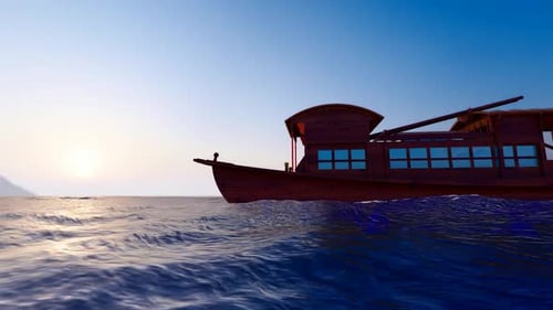 A Red Boat On The Sea Sails Into The Distance