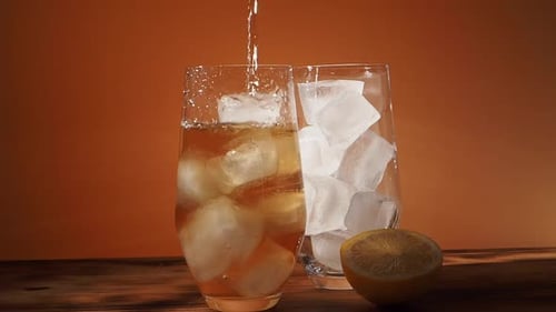 Cycle of Pouring Iced Tea Into a Glass with Ice Cubes