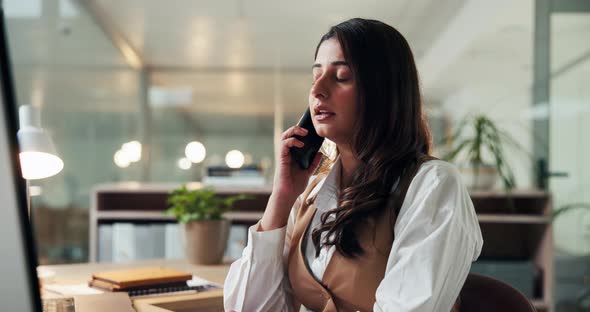 Phone call, computer and business woman talking at night for ...