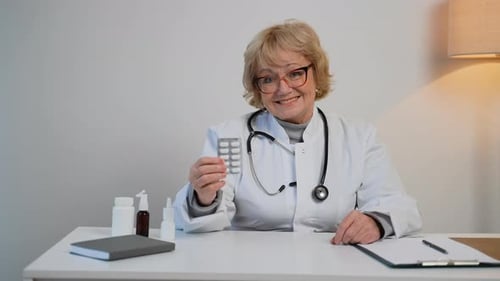 Friendly Doctor Holding Blister Pack of Pills