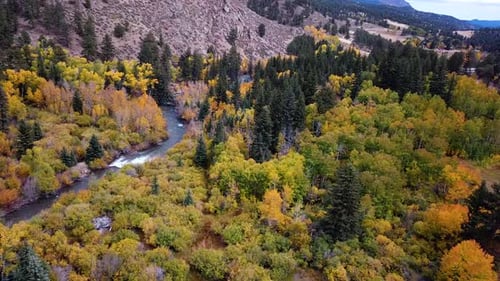 Aerial View of Magical American Countryside Landscape in Autumn, River and Vivid Forest, Drone Shot