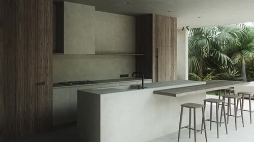 Terrace Interior with Kitchen Area and Bar in Backyard of House with Palm Trees