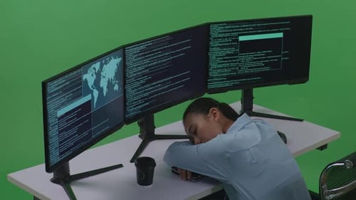 Side View Of Tired Woman Sleeping While Write Code With Multiple Computer In Green Screen