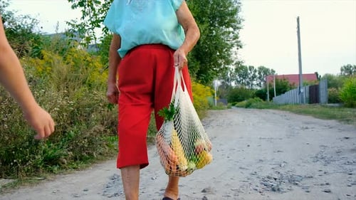 Senior Woman Walking with Grandchild with Vegetables