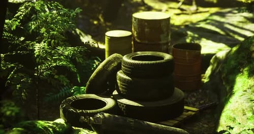 Debris Gathered in a Lush Green Forest Area with Tires and Barrels