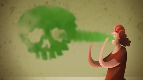 femme ayant des problèmes d'estomac rotant un nuage en forme de crâne avec haleine fétide