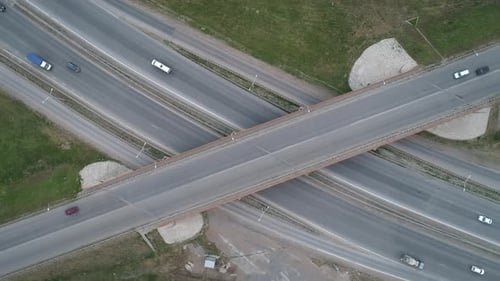 Aerial Top Down View of Highway Interchange Junction Road with Traffic