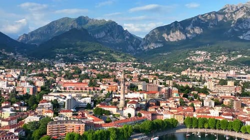 Aerial View of Lecco City in the Southeastern Shore of Lake Como in Northern Italy