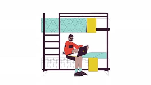 Black student sitting on bunkbed with laptop line 2D character animation