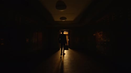 Silhouetted Figure Walking Towards Light with Briefcase