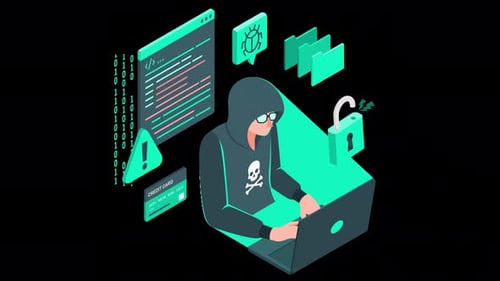 information security, hacker using a computer, computer virus animation 4k with alpha channel