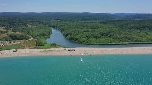 Aerial view to beautiful beach on Sinemorets and mouth of Veleka river, Black sea, Bulgaria