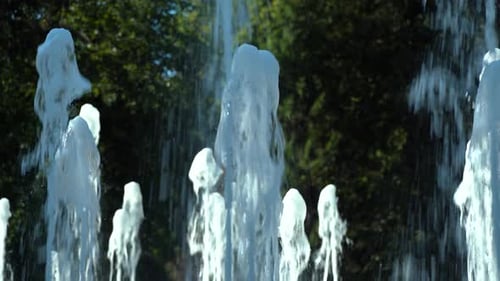 Water From A Fountain Flows Against The Backdrop Of Green Trees