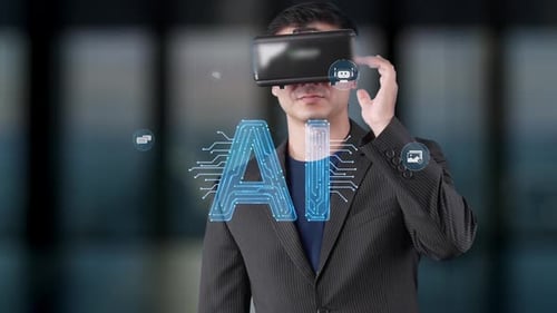 Jovem usando fone de ouvido VR, explorando conceitos de inteligência artificial com ícones digitais e futu