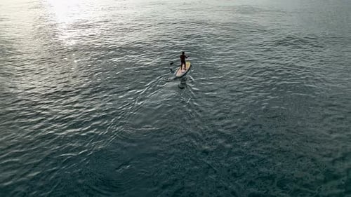Sea Man Sup Top Down View on Athlete Man Swimming in Sea and Paddleboarding at Summer Sunset