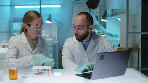 Laborwissenschaftler diskutieren Proben in Reagenzgläsern am Arbeitsplatz