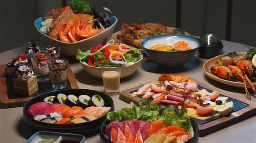 Assortment of delicious dishes on table indoors