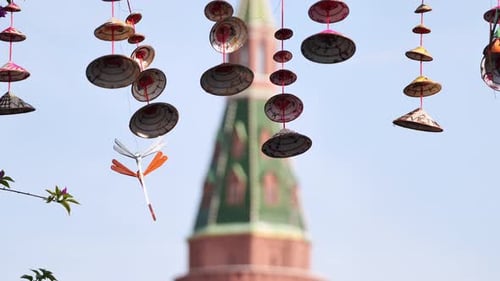 Vietnamese Conical Hats Hanging with Moscow Kremlin in Background