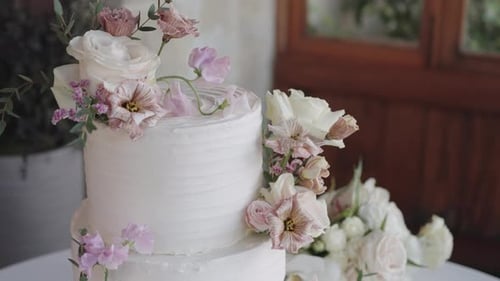 Close up shot of White wedding cake with flowers on it