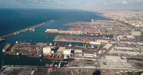 Aerial shot over the harbor of Casablanca during the covid19