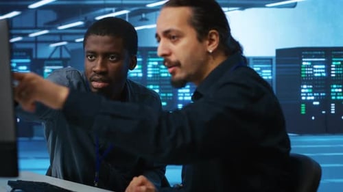 Men in Futuristic Server Room Having a Meeting