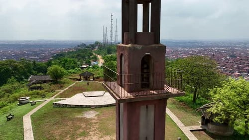 Descending shot of bower's tower overlooking Ibadan town