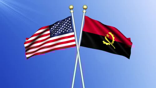 Waving Flags of USA and Angola on Crossed Poles