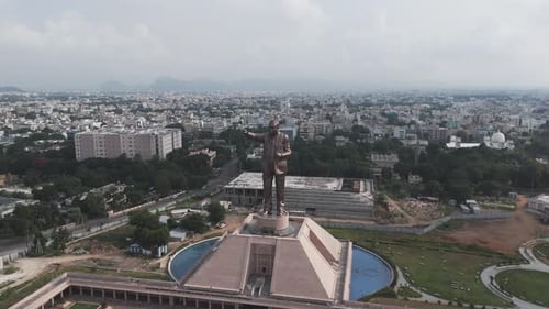 Aerial shot of Statue of Equality in Vijayawada in India